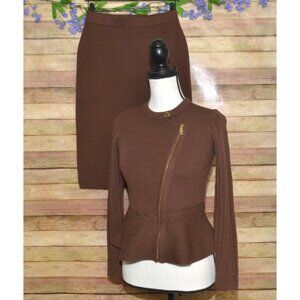NWT Talbots Brown 2 Piece Peplum Zip Front Sweater & Pull On Skirt Set Size PS